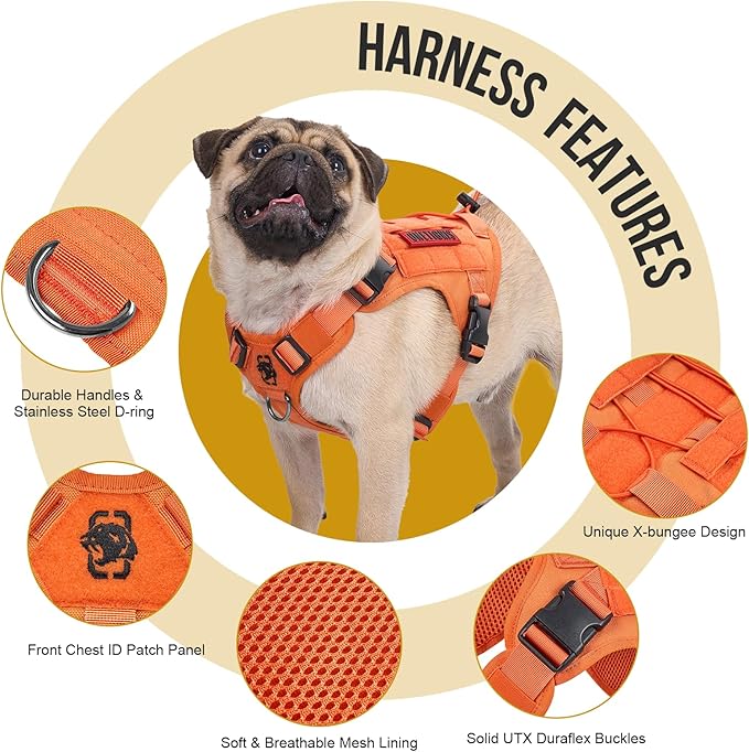 OneTigris Tactical Dog Harness Vest,No-Pull Service Dog Vest with Hook & Loop Panels,Adjustable Dog Vest Harness for Walking Hiking Training(Orange,XL)