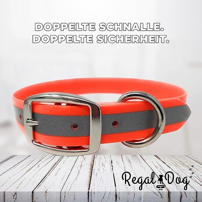 Regal Dog Products Large Orange Reflective Dog Collar and Leash Set - Waterproof Biothane Dog Collar with Heavy Duty Double Buckle, D Ring & 5ft Leash - Other Size for Medium & Large Dogs