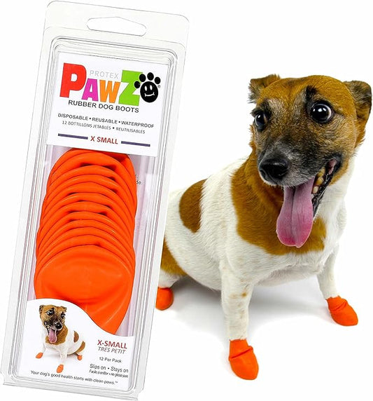 PawZ Rubber Dog Boots for Paws to 2" - All-Weather Dog Booties for Hot Pavement, Sand, Snow, Mud, and Rain - Anti Slip Dog Socks - XS, Orange