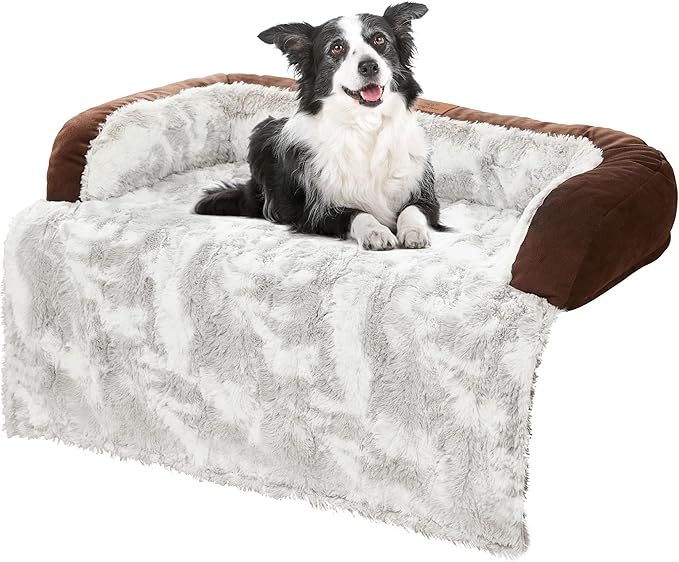 Calming Dog Couch Bed Mat, 41x37 Inch Waterproof Fluffy Sofa Cover, Furniture Protector with Handle, Removable and Washable Pet Bed for Medium Large Dogs and Cats (Brown)