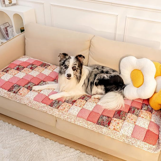 FUNNY FUZZY Pet Couch Covers for Sofa, Couch Covers for Dogs Washable Dog Couch Cover Protector Furniture Sofa Covers for Dog Handmade Pure Cotton Pet Bed Mat (Rose, 27.6"×59.1")