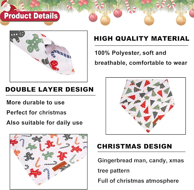 ADOGGYGO Christmas Dog Bandanas, Xmas Tree Candy Scarf, Premium Durable Fabric, White Christmas Bandanas for Small Dogs Pets (Small)