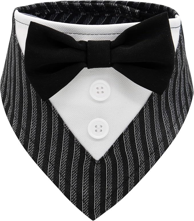 Cyeollo Wedding Bandana Collar With Bow Tie - Adjustable Tuxedo for Small Dogs, Pet Birthday Outfit, Costumes, Engagement Party Bandanas, Striped L