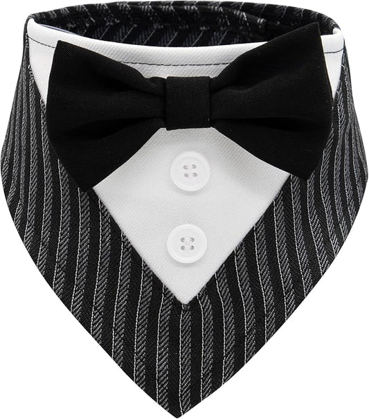 Cyeollo Wedding Bandana Collar With Bow Tie - Adjustable Tuxedo for Small Dogs, Pet Birthday Outfit, Costumes, Engagement Party Bandanas, Striped L