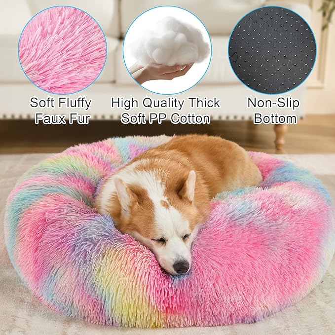 Dog Calming Beds for Small Medium Large Dogs - Round Donut Washable Puppy Dog Bed, Anti-Slip Faux Fur Fluffy Donut Cuddle Anxiety Cat Pet Bed(32'' Color)