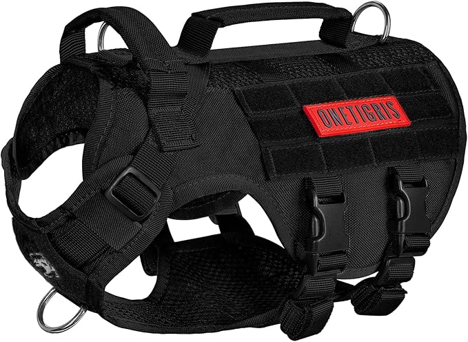 OneTigris Tactical Dog Harness - Small Dog Vest with Handles, Breathable Military Molle, Walking Hiking Training (Black, XS)