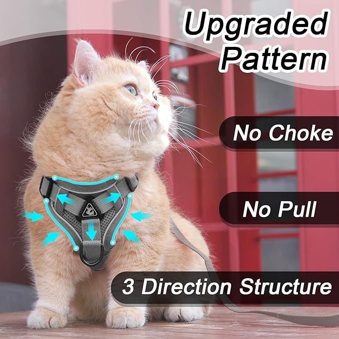Cat Harness and Leash Set for Outdoor Walking, Upgraded Escape Proof Adjustable Kitten Vest with Lead for Small Cat Soft Breathable Mesh Jacket with Reflective Strips for Dark Night S, Gray