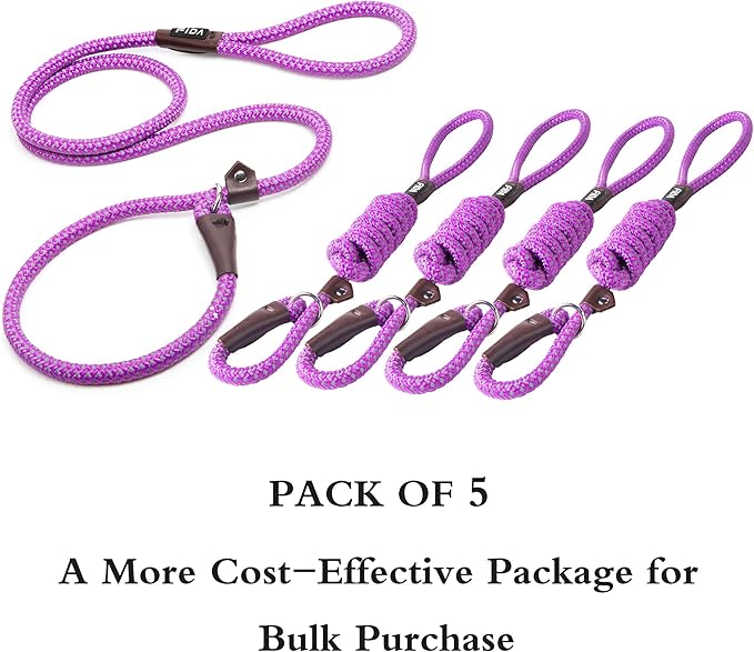 Fida Durable Slip Lead Dog Leash Bulk Pack of 5, Heavy Duty 1/2" x 6 FT Comfortable Strong Rope Slip Leash for Large, Medium Dogs with Highly Reflective, Purple