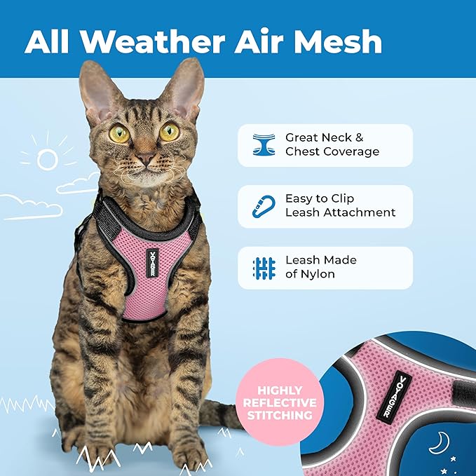 Voyager Escape Proof Cat Harness and Leash Set with Reflective Stitching, Neoprene Handle 5ft - Supports Small, Medium and Large Cats, Kittens for Walking by Best Pet Supplies - Black Trim-Pink, XS