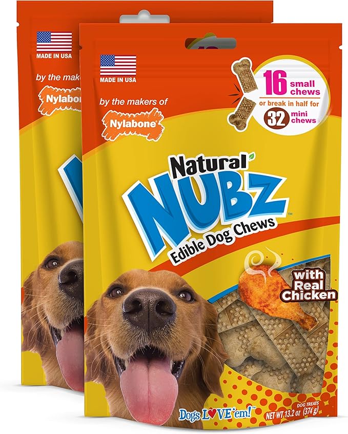 Nylabone Nubz Natural Edible Dog Chew Treats for Small Dogs, Long Lasting Dog Bones Made in USA, Chicken Flavor Dental Chews, For Dogs Up to 25 lbs. (32 Count)