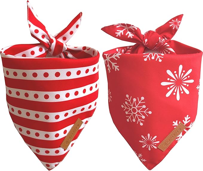 Realeaf Christmas Dog Bandanas 2 Pack, Snowflake and Dot Bandana, Reversible Triangle Scarves for Dogs Cats Pets, Premium Durable Fabric, Adjustable Fit, Multiple Sizes Offered (Small)