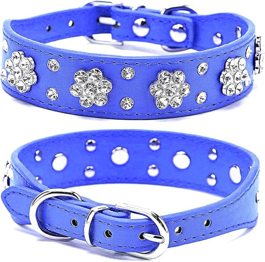 Cute Flower Rhinestone Dog Collar, Bling Collar PU Leather Adjustable Sizes S, M, L (Dark Blue)