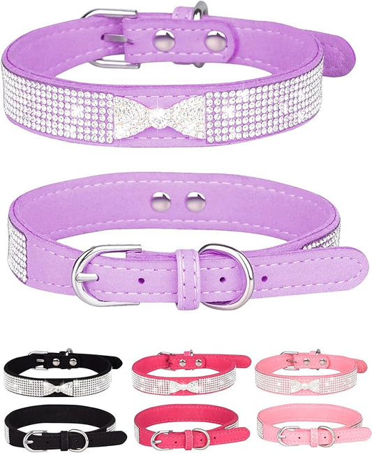 Dog Collar for Small Dogs, Adjustable Leather Suede Bling Dog Collars，Pink Dog Collar Cat Collar, Rhinestone Dog Collar (XS, purple4)