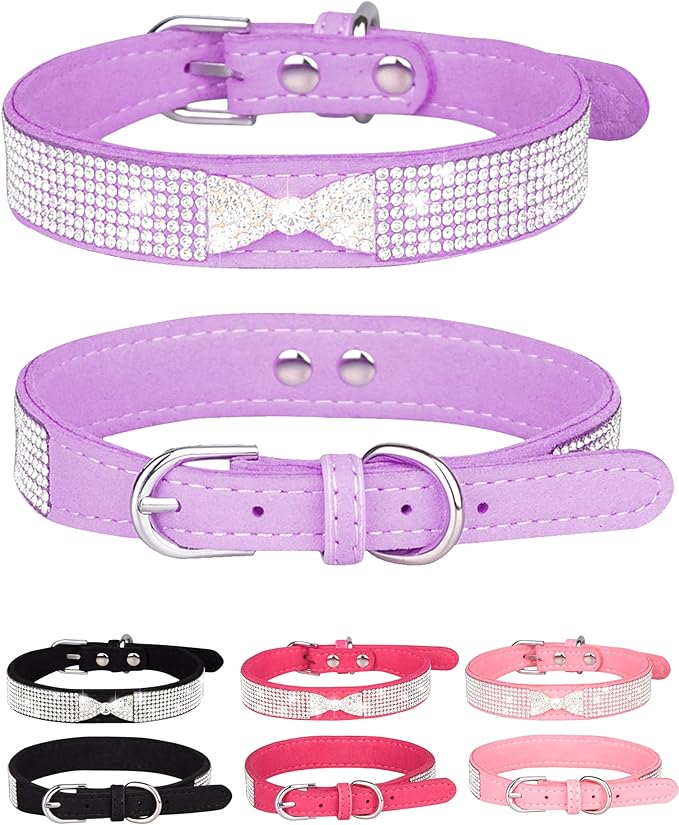 Dog Collar for Small Dogs, Adjustable Leather Suede Bling Dog Collars，Pink Dog Collar Cat Collar, Rhinestone Dog Collar (S, purple4)