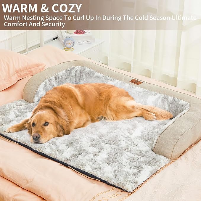 Calming Dog Couch Bed Mat, 35x31 Inch Waterproof Fluffy Sofa Cover, Furniture Protector with Handle, Removable and Washable Pet Bed for Small Medium Dogs and Cats (Beige)