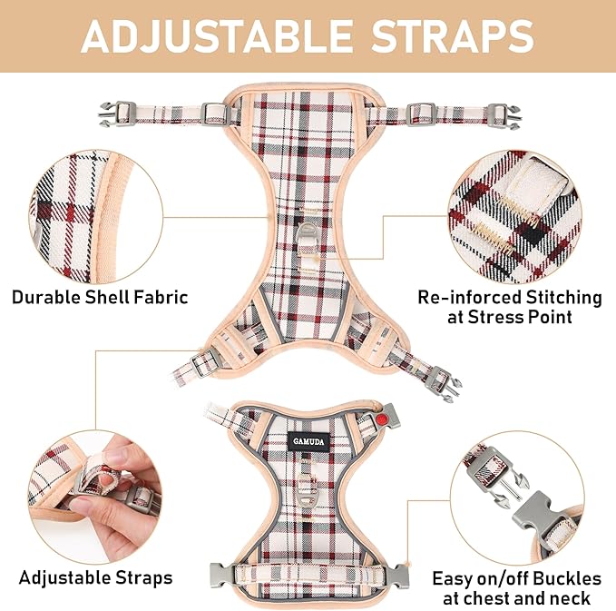 GAMUDA Dog Harness Collar and Leash Set, Dog Harness, No Chock No Pull Adjustable Vest Harnesses Plaid Reflective for Medium Dog, Cat, Small Horse, Small Bull and Pig (Beige, XL)