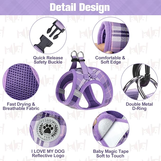 BEAUTYZOO Small Dog Harness and Leash Set,Step in No Choke No Pull Soft Mesh Dog Harnesses Reflective for Extra-Small Medium Puppy Dogs and Cats, Plaid Dog Vest Harness for XS S Pets, Purple S