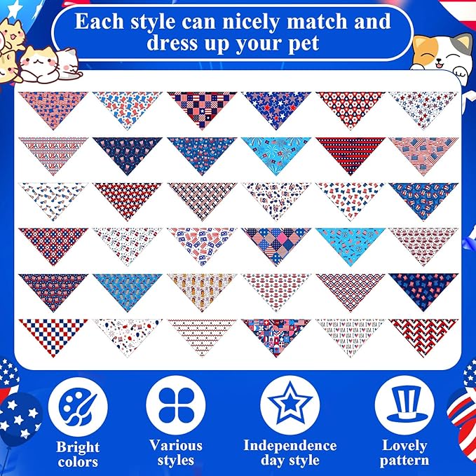 72 Pcs 4th of July Dog Bandanas Bulk Independence Day Triangle Scarf Patriotic Cat Bibs Puppy Scarf Red White and Blue Pet Bandanas for Puppy Cat Birthday Party Costume