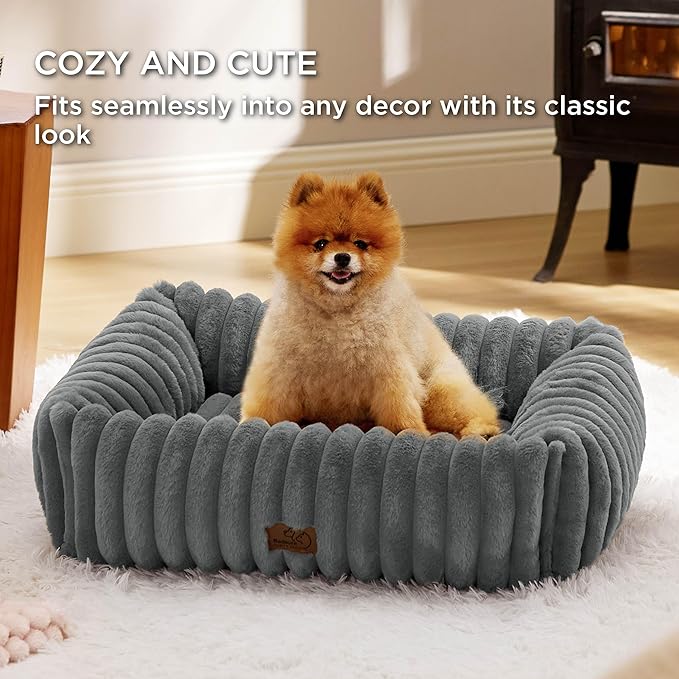 Bedsure Washable Dog Bed for Medium Dogs - Cute Furry Puppy Beds, Rectangle Orthopedic Corduroy Fleece Pet Beds with Removable Zipper Cover, 30x24x8inches, Warm Grey