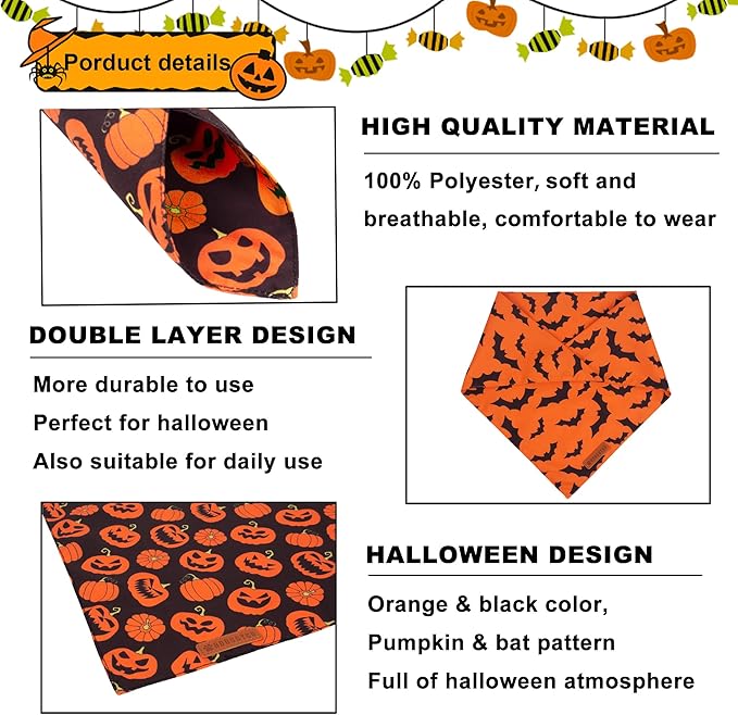 ADOGGYGO Halloween Dog Bandana, Pumpkin Bat Pet Scarf, Premium Durable Fabric, Orange Black Halloween Bandanas for Medium Large Dogs Pets (Large)