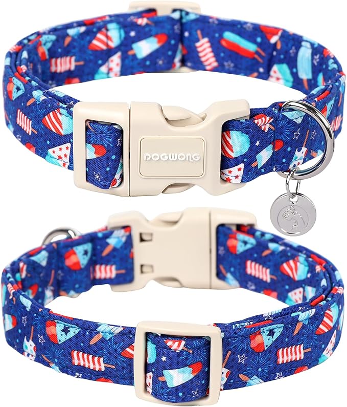 DOGWONG Cotton Dog Collar - Summer Popcile Soft Natural Fabric Puppy Necklace for Small to Large Dogs - Blue Ice Cream Pattern