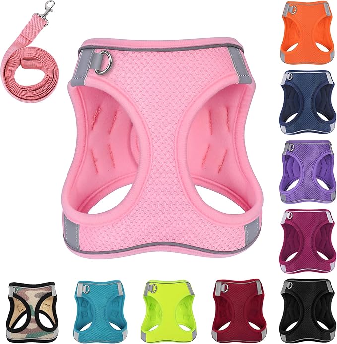 Dog Harness with Leash Set, No-Pull Step-in Reflective Pet Harness with 1 Leash Clips, Adjustable Soft Padded Easy Walk Dog Vest for Small Medium Large Dogs, Cats(Light Pink, Large)