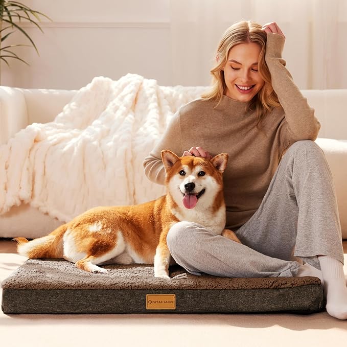 Patas Lague Orthopedic XXL Dog Bed for Extra Large Dogs 48''X30'', Soft Comfortable Waterproof Egg Crate Foam Big Large Pet Beds Mat with Removable Washable Cover, Brown