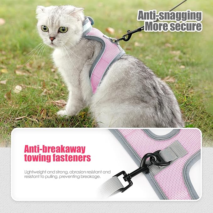 Cat Harness and Leash Set, Escape Proof Adjustable Kittens Vest with Reflective Strip, Easy to Wear for Cats Walking and Traveling, Soft Mesh Kitten Harness for Small Medium Large Cats