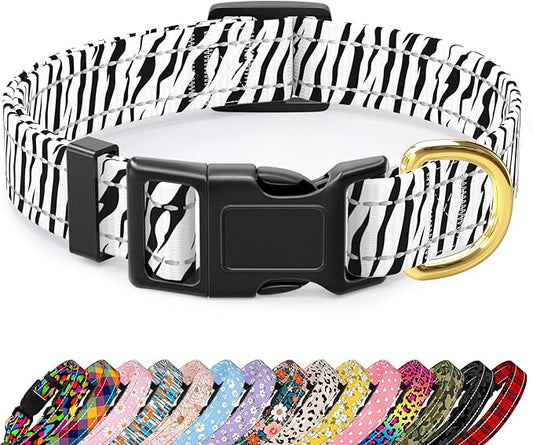 Reflective Dog Collar for Small Dogs Cats, Cute Boho Adjustable Heavy-Duty Nylon Puppy Collar for Boy and Girl Female, Soft Pet Accessories with Quick Release Buckle, Stylish Zebra Print