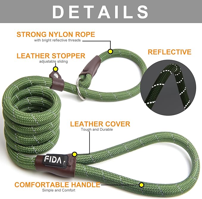 Fida Durable Slip Lead Bulk Pack of 5, Heavy Duty 1/2" x 6 FT Comfortable Strong Rope Slip Lead for Large, Medium & Small Dogs, No Pulling Pet Training Leash with Highly Reflective (Mixed)