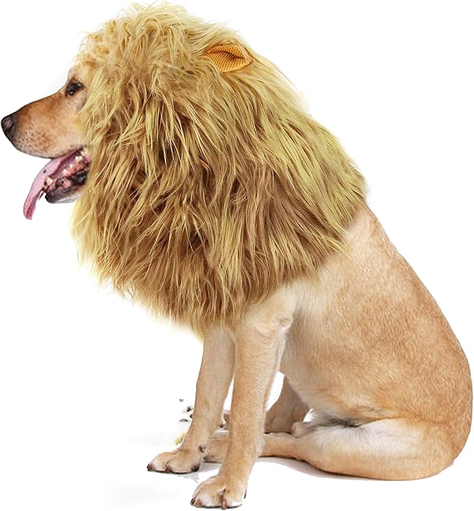 Onmygogo Lion Mane Wig for Dogs with Ears, Funny Pet Costumes for Halloween Christmas (Size L, Yellow)
