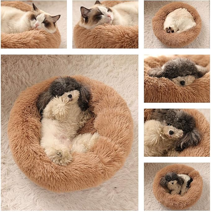 Dog Calming Beds for Small Medium Large Dogs - Round Donut Washable Puppy Dog Bed, Anti-Slip Faux Fur Fluffy Donut Cuddle Anxiety Cat Pet Bed(20'' Khaki