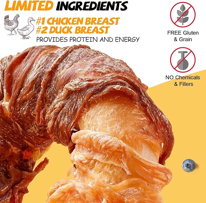 ASMPET Dog Chews Long Lasting, Duck Chicken Wrapped Rawhide Donuts Grain Free Rawhide Bones Teeth Cleaning for Small Medium Large Breed Aggressive Chewer (Pack of 4)