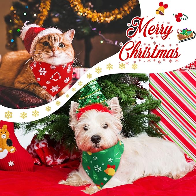 Preboun 50 Pcs Christmas Bandanas Bulk Xmas Dog Accessories Green and Red for Puppy to Large Dog Costume (25.6 x17.7 x 17.7 Inch)