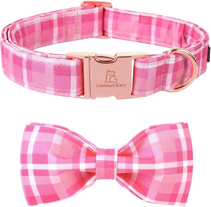 Lionheart glory Pink Plaid Dog Collar, Adjustable Dog Collar with Bowtie, Pet Gift Girl Collar for Dog Soft Bowtie Dog Collars for Small Dogs