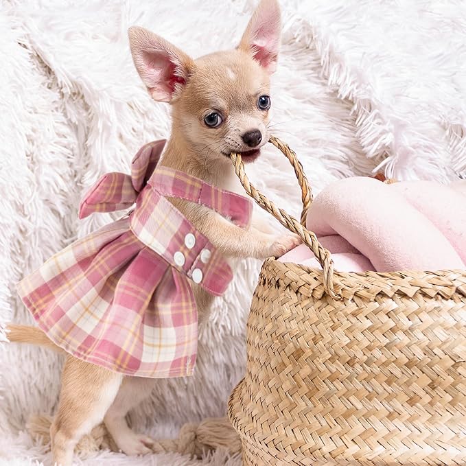 4 Pcs Cute Plaid Dog Dress Set with Bow Tie Harness & Leash for Small Dogs, Puppy Clothes for Girls Summer Outfits(L,Dark Color)