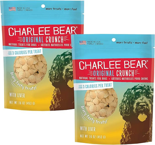 Charlee Bear Original Crunch with Liver Dog Treats, 16 oz (2-Pack) - Made in the USA Natural Training Treats for Dogs
