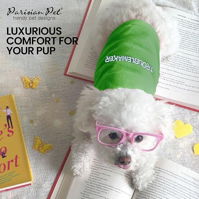 Parisian Pet Dog Tshirt - Embroidered “ Trouble Maker “ Tank Top - Pure Cotton and Lightweight Pet Vest - Sleeveless Tee Shirts - Machine Washable Shirts for Small Dogs - XXS