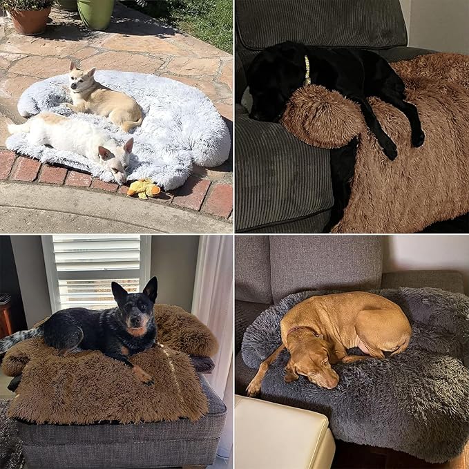 Calming Dog Bed Fluffy Plush Dog Mat for Furniture Protector with Removable Washable Cover for Large Medium Small Dogs and Cats (Large, Brown)