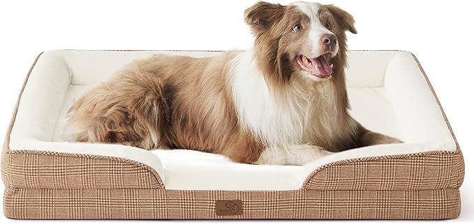 Bedsure Orthopedic Dog Bed for Large Dogs - Big Washable Dog Sofa Beds Large, Supportive Foam Pet Couch Bed with Removable Washable Cover, Waterproof Lining and Nonskid Bottom, Brown Checks