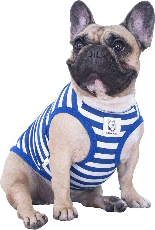 iChoue French Bulldog 100% Breathable Cotton Striped T Shirts Halloween Vest Clothes for Small Dogs Tank Tops Puppy Frenchie Pug English Boston Terrier Pitbull White Blue Stripes - Medium