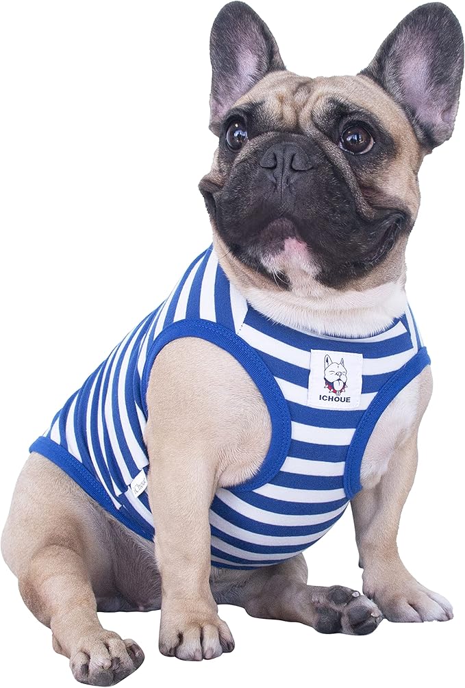 iChoue Pug 100% Breathable Cotton Striped T Shirts Halloween Vest Clothes for Medium Dogs Tank Tops Puppy French Bulldog Frenchie English Boston Terrier Pitbull White Blue Stripes - Small