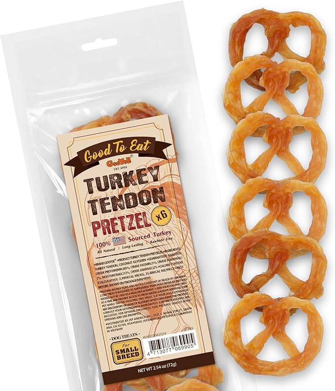 Gootoe Turkey Tendon Dog Treats, Pretzel (S) 6 Pieces per Pack, 100% USA Sourced Turkey, Natural Snack, Premium Puppy Chews, Hypoallergenic, Reseal Value Bags, Size for Small Dogs