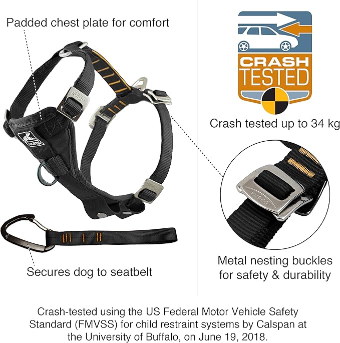 Kurgo Tru-Fit Enhanced Strength Dog Harness - Crash Tested Car Safety Harness for Dogs, No Pull Dog Harness, Includes Pet Safety Seat Belt (Black, Medium)