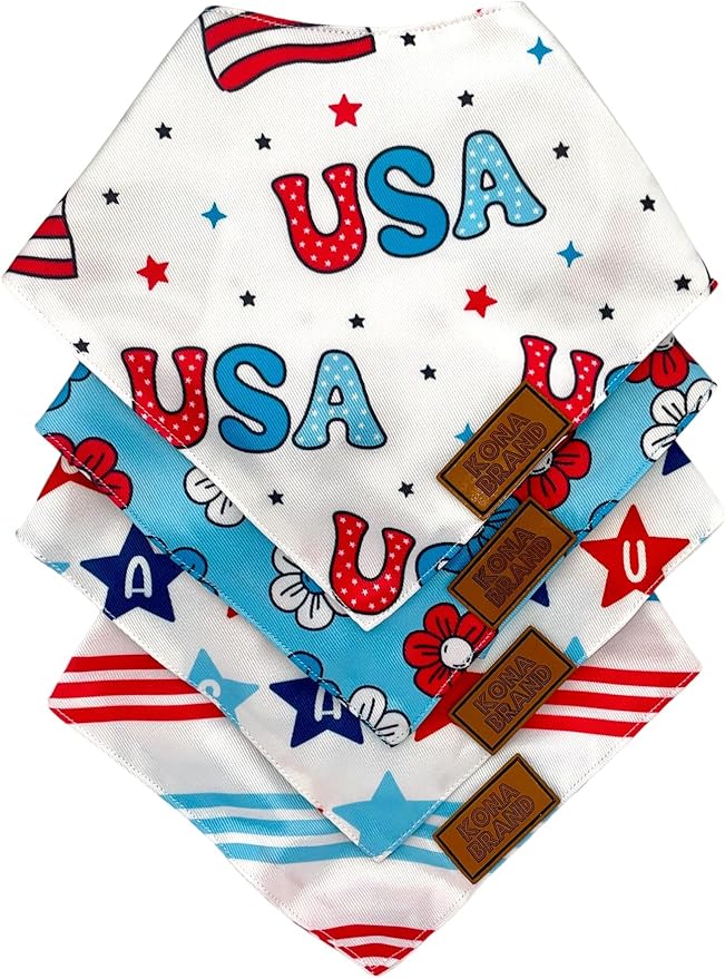 KonaBrandCo- Premium Handmade Dog Bandana | Dual Layered Silky Durable Polyester Fabric | Adjustable Fit Custom Shape- Won't Roll (Medium, BENNY- USA STARS)