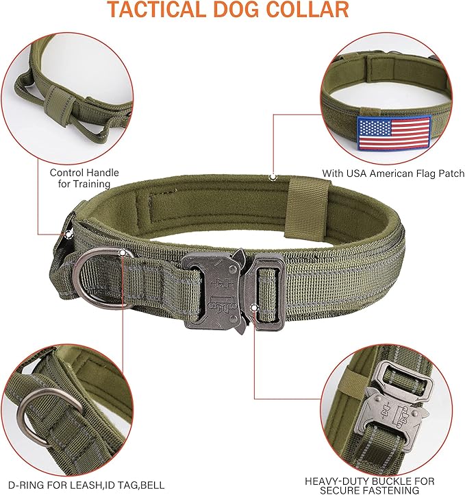 KCUCOP Tactical Dog Collar for Medium & Large Dogs - Military Nylon Heavy Duty Collar with Handle, Reflective Strip & Metal Buckle for Training, Outdoor (Green Reflective, XLarge)