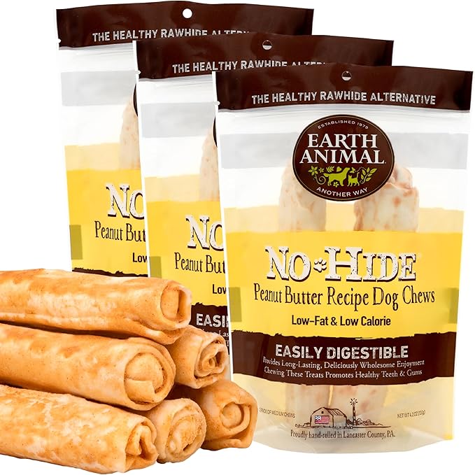 Earth Animal No Hide Medium Peanut Butter Flavored Natural Rawhide Free Dog Chews Long Lasting Chew Sticks | Treats for Large Dogs | Great for Aggressive Chewers (3 Pack)