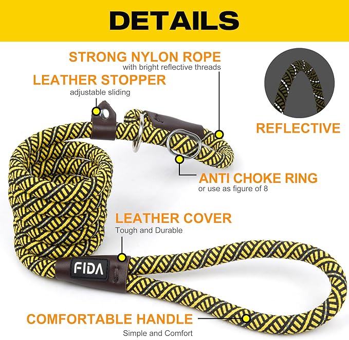 Fida Durable Slip Lead Dog Leash, 6 FT x 3/8" Heavy Duty Loop for Small Dogs and Puppies, Comfortable Strong Rope With No Pull Training, Highly Reflective (Yellow)