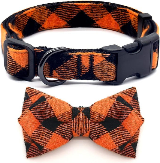 azuza Bowtie Dog Collar, Soft & Comfortable Fall Dog Collars with Bow, Plaid Adjustable Dog Collar for Medium Dogs