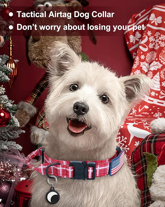 Hotsky Tactical Dog Collar, Adjustable Military Training Nylon Airtag Collar with Handle and Heavy Duty Metal Buckle for Medium Large Dogs, with Airtag Holder and Two Patches（Redplaid,XL）
